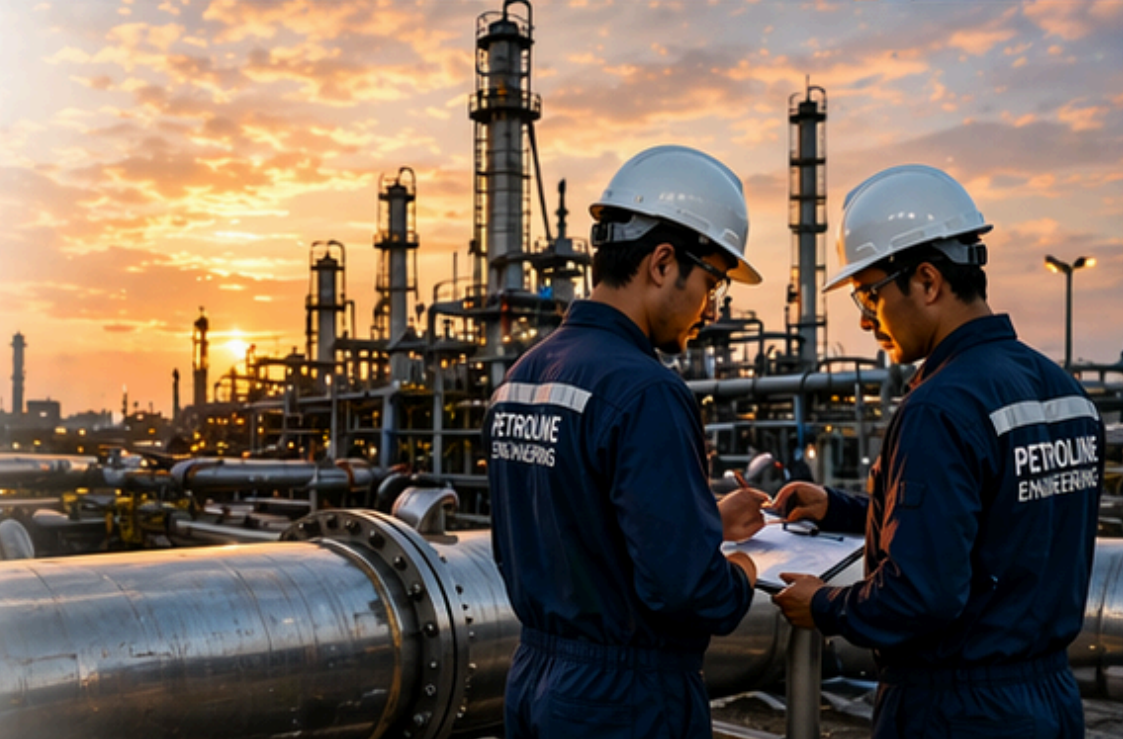 Ilustrasi infrastruktur pipeline minyak dan gas yang modern dan canggih, dengan pipa besar, fasilitas pemrosesan, dan latar belakang langit biru cerah.